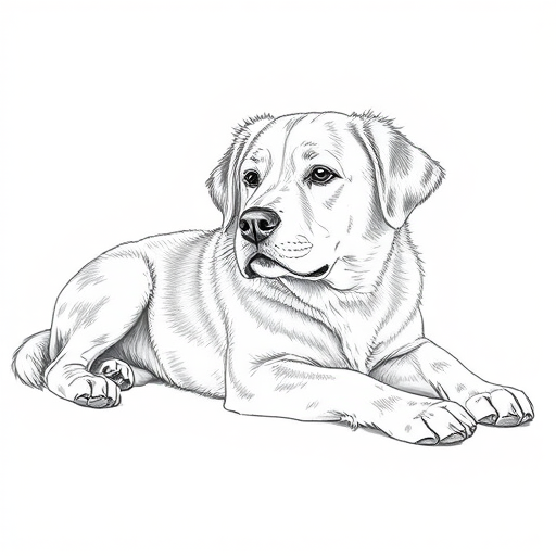 Create a detailed line drawing of a dog lying down, with intricate fur textures and a contrasting background, taken with a Canon EOS R5 at f/8, ISO 100, 50mm lens, shot in natural light from a low angle to emphasize the dog's form and create depth in the image.