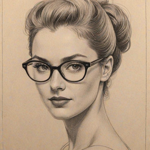 Magnificent Leila George, pencil sketch, portrait of Appealing woman 1954s in glasses, hair style beatnik, outline, clear lines, fine lines, 8k