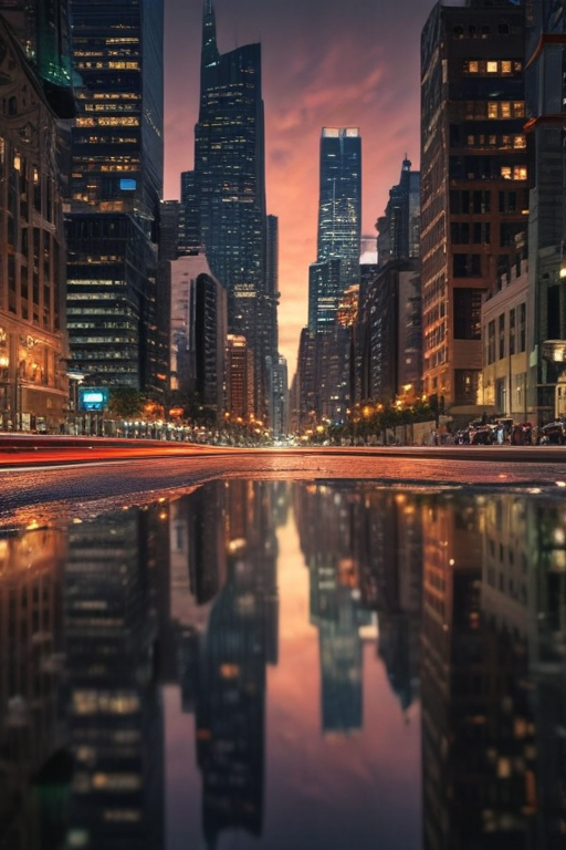 Stunning Cityscape at Dusk with Reflections in Water-Paved Streets