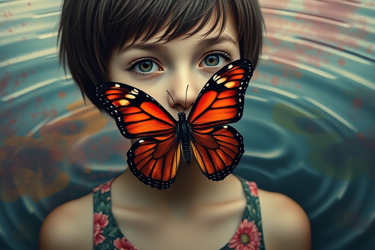 Create an image of a girl with short hair, wearing a floral tank top, who has a large butterfly covering her mouth. The background should have an abstract, colorful design that resembles water. The butterfly should be vibrant with orange and black patterns, contrasting against her skin. The overall mood should be artistic and surreal.