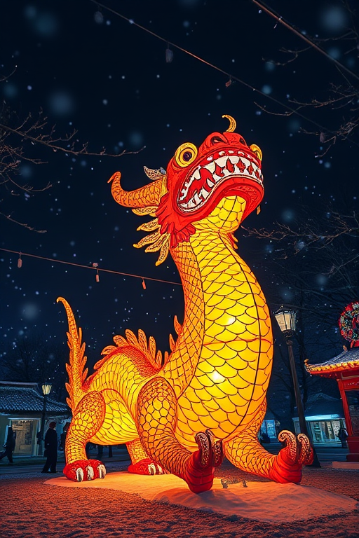 Create a vibrant night scene of a large, illuminated dragon lantern with intricate designs in a snowy environment, shot with a Canon EOS R5 at f/2.8, ISO 800, 1/60s, using a wide-angle lens from a low angle to emphasize the dragon's features against a dark background.