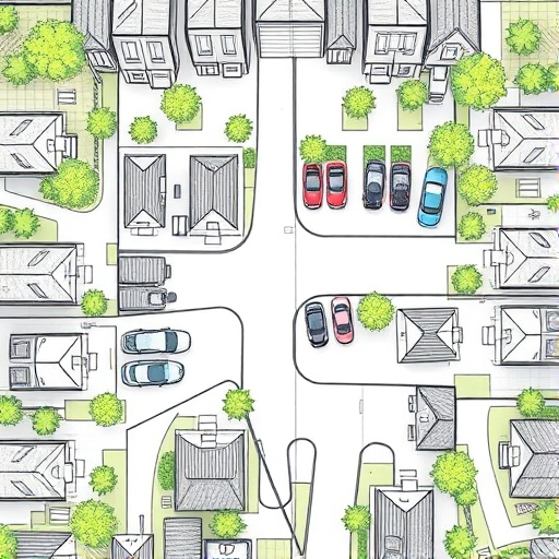 Create a top-down view illustration of a neighborhood with a repeating pattern of simple, sketched houses, using a high-resolution camera with a 50mm lens, f/8 aperture, ISO 100, and natural lighting to enhance details and texture for a clean, artistic look.