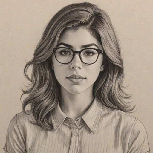 Superb Daniella Monet, pencil sketch, portrait of Resplendent woman 1965s in glasses, hair style beatnik, outline, clear lines, fine lines, 8k
