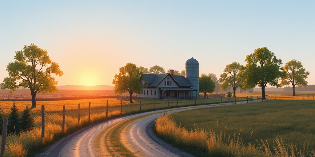 create a high-resolution illustration of a rural landscape featuring a quaint farmhouse and silo surrounded by trees, a winding dirt path leading to the property, under a clear sky with a soft, setting sun in the background, captured with a DSLR camera, 50mm lens, f/8 aperture, ISO 100, and a shallow depth of field for enhanced clarity and detail.