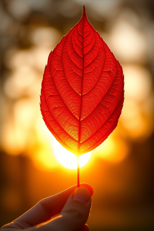 capture a close-up of a vibrant red leaf held up against a golden sunset with a soft bokeh background, use a 50mm lens, aperture f/1.8, shutter speed 1/200s, ISO 200, natural lighting, shot with a DSLR camera