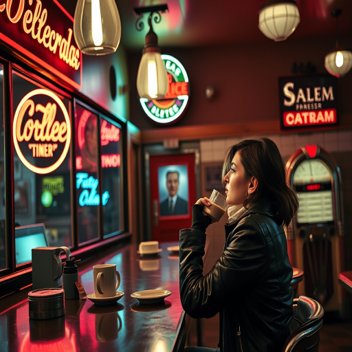 Old-fashioned diner at night, neon signs glowing in the windows, a woman in a leather jacket sits at the counter, sipping coffee as the jukebox plays softly in the background.