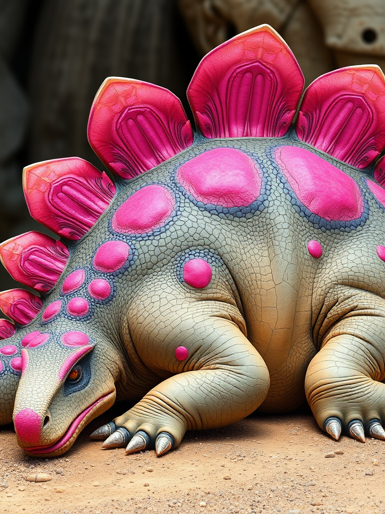 detailed illustration of a stegosaurus resting with vibrant pink plates on its back, emphasize textures and colors, side view, 50mm lens, f/8 aperture, natural lighting, digital art style, high-resolution, crisp details