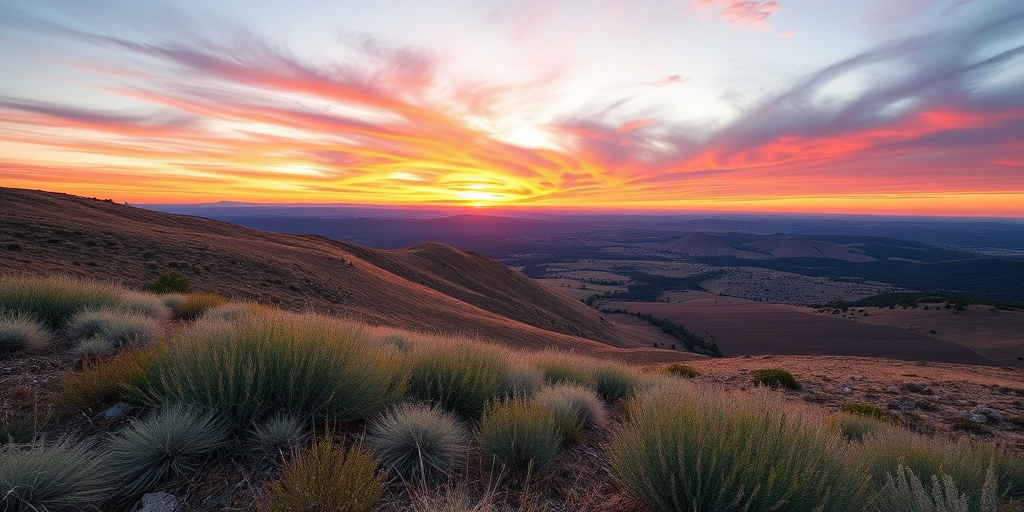 Create a high-resolution image of a serene landscape at sunset with vibrant colors, using a Canon EOS R5 camera, 24mm lens, f/11 aperture, ISO 100, 1/200s shutter speed, shot from a wide-angle perspective for an expansive view.