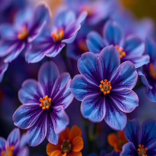 close-up shot of vibrant flowers in shades of blue and orange, shallow depth of field, soft focus background, f/2.8 aperture, 50mm lens, ISO 100, natural light, macro photography style, high-resolution image
