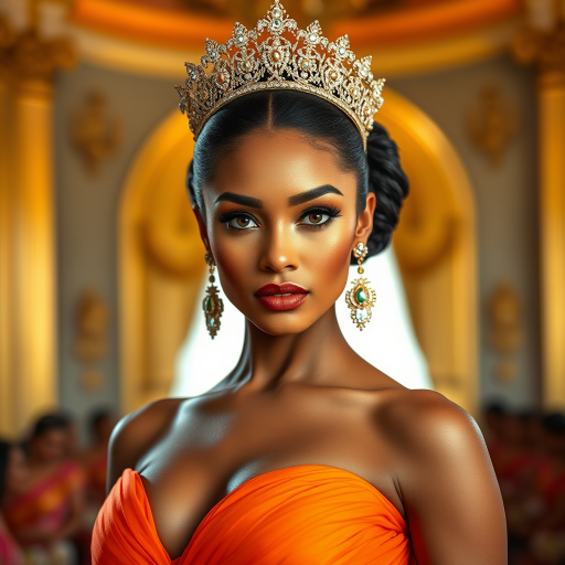 A gorgeous Tongan woman in a luxurious orange gown, accessorized with a dazzling tiara and statement earrings, her deep cyan eyes highlighted by impeccable makeup, poised in a royal setting, photorealistic, 8K quality