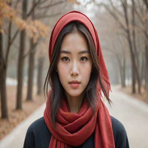 Create a portrait of a young Korean woman with long, dark hair and captivating hazel eyes. She is wearing a red headscarf and a matching scarf draped gracefully around her neck. The background is softly blurred, focusing attention on her serene and natural expression. The overall color palette is muted and warm, enhancing the intimate and authentic feel of the portrait.