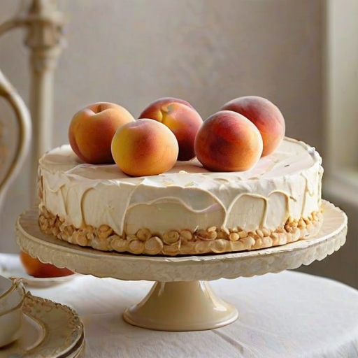 Create an image of a beautifully decorated cake on a cake stand. The cake should have a creamy texture with a slice cut out to reveal layers inside. Include fruit pieces, such as peaches, visible in the layers. The top should be adorned with swirls of frosting and a crumb topping, surrounded by fresh peaches. The setting should be warm and inviting, with a pastel-colored tablecloth underneath.