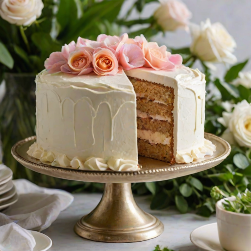 Generate an image of a beautifully layered cake, showcasing three distinct layers with a smooth frosting covering the top and sides. The cake is presented on a decorative cake stand, surrounded by fresh flowers and greenery, creating an elegant and inviting atmosphere. The cake should have a soft texture and a light color, with a clean and polished appearance.