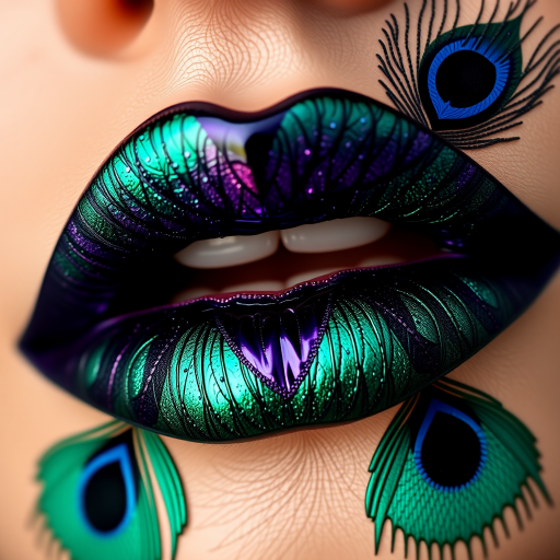 Exotic peacock-inspired lips showcasing rich jewel tones of emerald, sapphire, and amethyst with a metallic sheen and intricate feather-like patterns