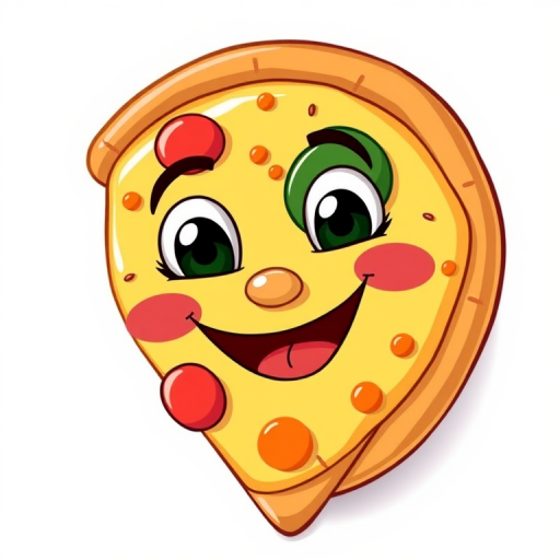 Create a cartoon-style illustration of a happy slice of pizza with expressive eyes and a smiling face, vibrant colors, isolated on a white background, using a Canon EOS R5 camera with a 50mm lens, f/2.8 aperture, ISO 100, and soft lighting to enhance details.