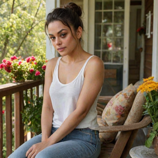 A photo of Mila Kunis with a background of a cozy porch. She has dark hair pulled back in an updo, with tendrils framing her face. She wears a white tank top and sits on the porch. The porch is part of a well-lit home with a warm, earthy tone and colorful flowers and foliage. The overall scene has a warm, welcoming, and comfortable ambiance.