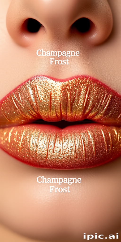Sophisticated "Champagne Frost" lip topper designed to add a touch of glamour to any lip color, featuring ultra-fine gold and silver particles for a luxurious, multidimensional effect