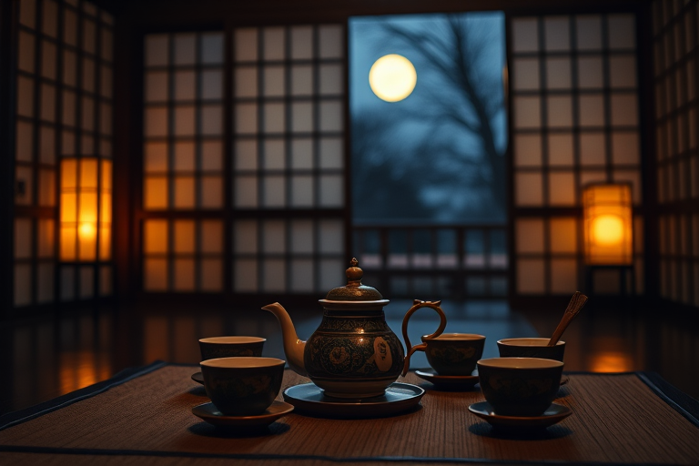 A traditional tea setting inside a dimly lit, Japanese-style room with shoji screens, featuring an intricately designed teapot and tea cups, warm ambient lighting with a moonlit backdrop outside the window, shot with a Canon EOS R5 at f/2.8, ISO 100, 35mm lens, using a soft focus for a cozy atmosphere and a slight vignette effect.
