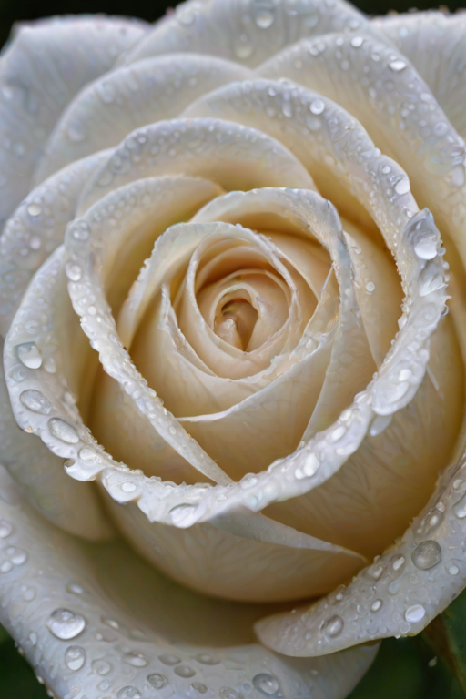 a close-up of a white rose with dew drops on its petals, showcasing intricate details and textures in a soft-focus background