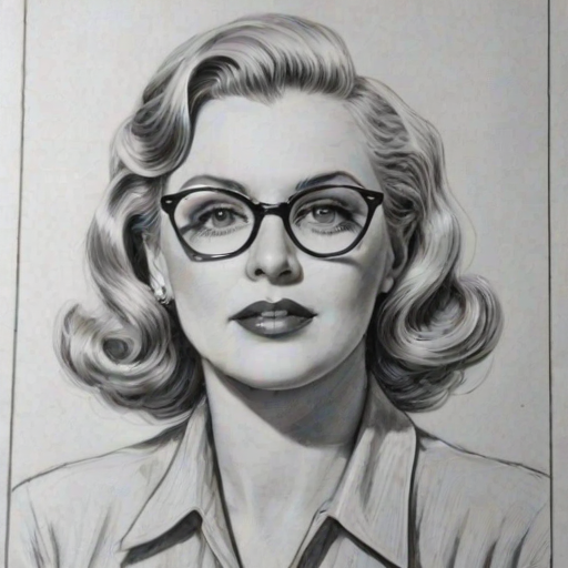 Graceful Renee Taylor, pencil sketch, portrait of Graceful woman 1938s in glasses, hair style beatnik, outline, clear lines, fine lines, 8k