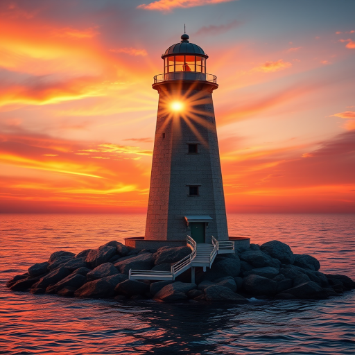 Generate an image of a tall lighthouse perched on a rocky outcrop surrounded by calm ocean waters during a breathtaking sunset. The lighthouse stands sturdy and weathered, its stone surface illuminated by the warm golden light of the setting sun. The sun's rays pass directly through the glass lantern room at the top of the lighthouse, casting a brilliant light across the scene. The sky is painted with vibrant shades of orange, pink, and purple, reflecting off the tranquil sea. The surrounding water shimmers with the same warm hues, creating a serene and majestic atmosphere.