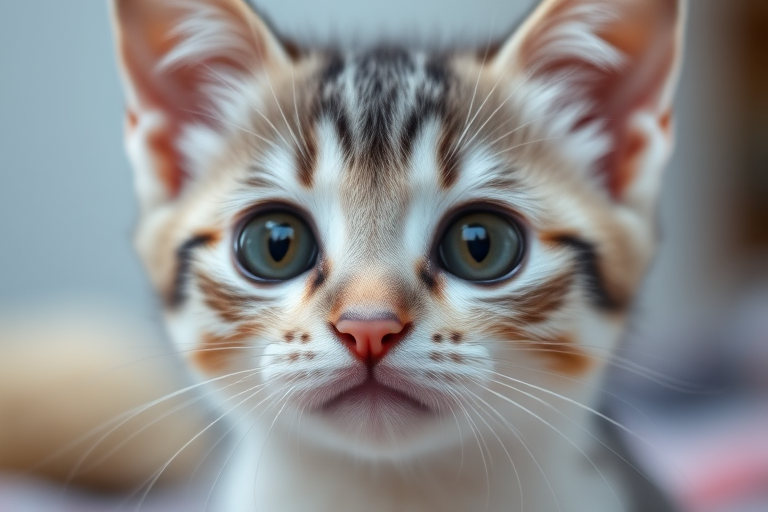 A close-up image of a cute cat with large round eyes and a small pink nose featuring soft gray and white fur, looking directly at the camera with a gentle expression. The background is softly blurred to emphasize the cat's face.