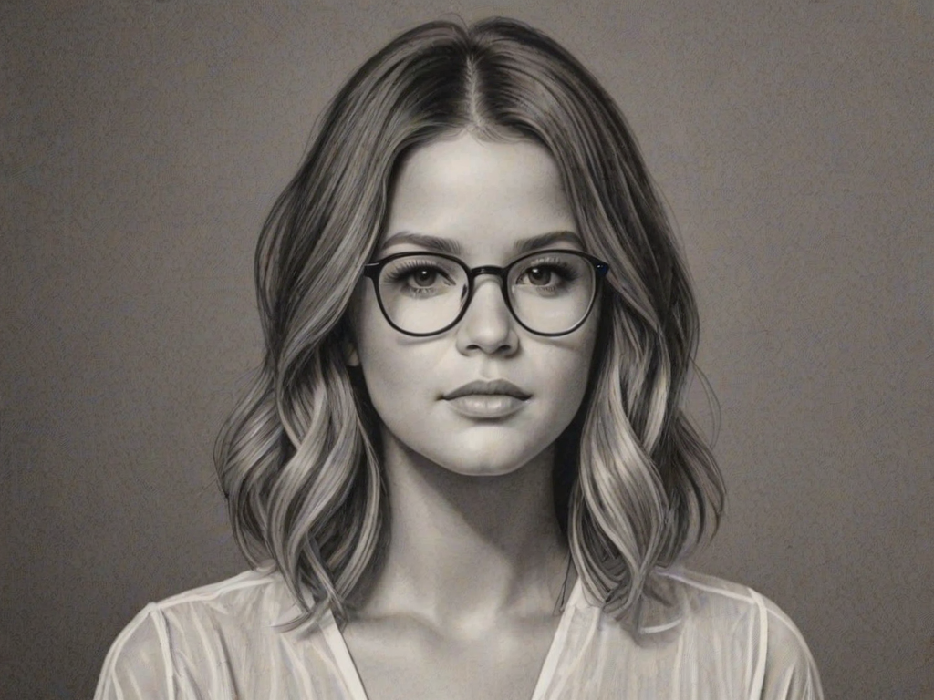 Stunning Maren Morris, pencil sketch, portrait of Lovely woman 1945s in glasses, hair style beatnik, outline, clear lines, fine lines, 8k