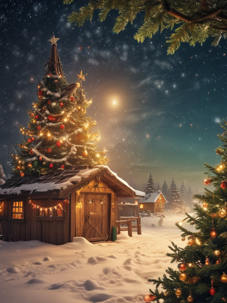 Cozy Winter Scene with Snow-Covered Cottage and Festively Lit Christmas ...