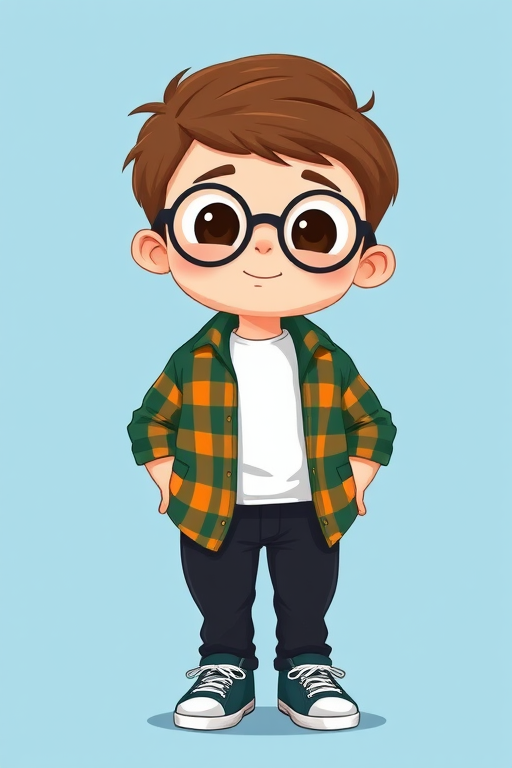 Create a cartoon character of a chubby boy with short brown hair, wearing glasses, a green and orange plaid shirt over a white t-shirt, black pants, and sneakers, against a solid light blue background, captured with a Canon EOS 5D Mark IV, 50mm lens, f/2.8 aperture, ISO 100, natural lighting.