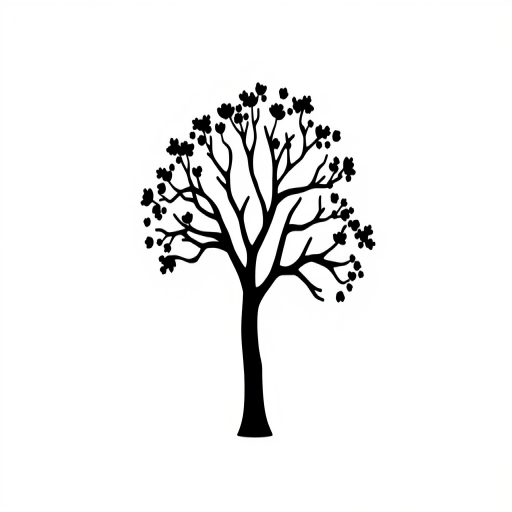 Generate a minimalist black icon of a tree on a white background, using a DSLR camera with 50mm lens, aperture f/2.8, ISO 100, and a shallow depth of field for enhanced clarity and detail.