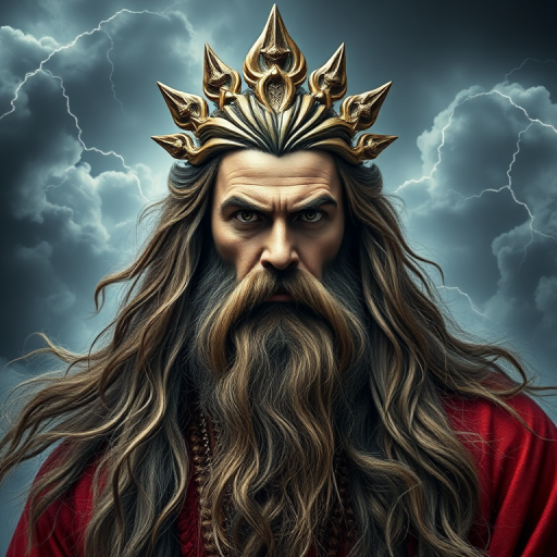 Create a portrait of a powerful deity with long flowing hair and a majestic beard, surrounded by stormy clouds and lightning, using a Canon EOS R5 with a 50mm lens at f/1.8, aperture priority mode, soft diffused lighting, and a slightly elevated angle to capture the intensity of expression and dramatic atmosphere.