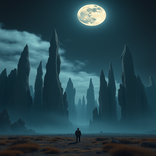 A surreal landscape with towering crystalline spires under a massive moon, a solitary figure standing in the foreground, soft atmospheric lighting, captured with a Canon EOS 5D Mark IV, 24mm lens, f/8 aperture, ISO 100, shot in landscape mode, smooth focus, enhanced color contrast, high dynamic range.