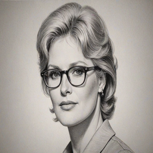 Splendid Sharon Gless, pencil sketch, portrait of Splendid woman 1965s in glasses, hair style beatnik, outline, clear lines, fine lines, 8k