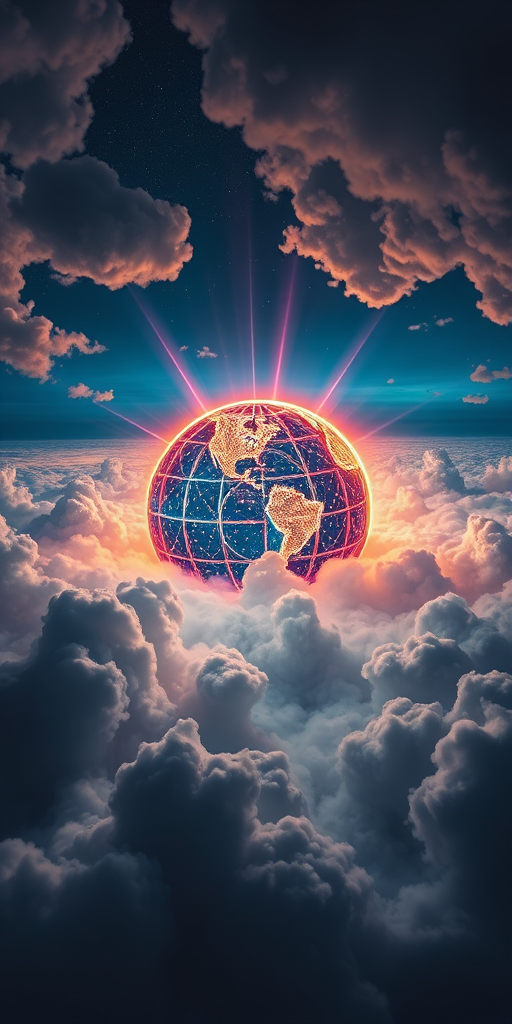 Create a high-resolution digital artwork of a glowing, spherical structure surrounded by vibrant clouds and bursts of light, captured with a Canon EOS R5, 24mm lens, f/1.8 aperture, ISO 100, in a wide-angle view, utilizing a night mode setting for enhanced contrast and color saturation.