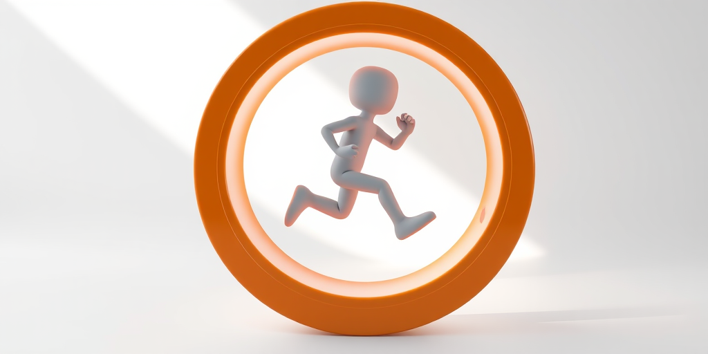 Create a high-resolution 3D render of a light gray humanoid figure running in an orange exercise wheel, captured with a Canon EOS 5D Mark IV using a 50mm f/1.8 lens at f/8, ISO 100, in a well-lit studio with a soft white background and a slight perspective angle.
