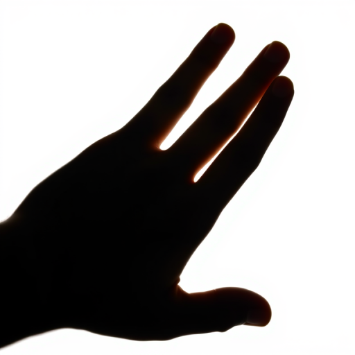 Generate a high-contrast silhouette of a hand against a white background, using a Canon EOS 5D Mark IV with a 50mm f/1.8 lens at f/8, ISO 100, in natural lighting from a side angle for enhanced texture and detail.