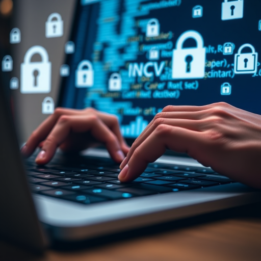 Close-up of hands typing on a laptop with code on the screen, digital lock icons floating around, focus on the laptop, shallow depth of field, ISO 100, f/1.8, 1/60 sec, 50mm lens, shot with a DSLR camera.