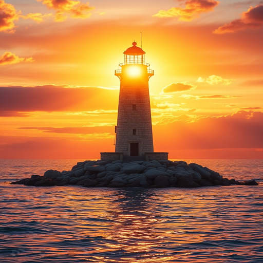 Generate an image of a tall lighthouse perched on a rocky outcrop surrounded by calm ocean waters during a breathtaking sunset. The lighthouse stands sturdy and weathered, its stone surface illuminated by the warm golden light of the setting sun. The sun's rays pass directly through the glass lantern room at the top of the lighthouse, casting a brilliant light across the scene. The sky is painted with vibrant shades of orange, pink, and purple, reflecting off the tranquil sea. The surrounding water shimmers with the same warm hues, creating a serene and majestic atmosphere.