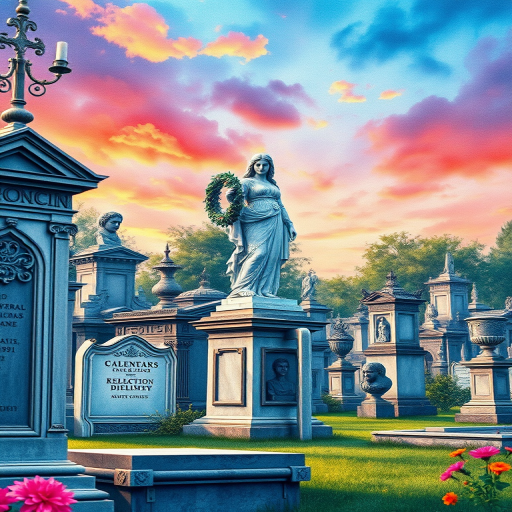 Create a vivid watercolor illustration of a cemetery scene featuring ornate tombstones, a statue of a woman holding a laurel wreath, historical busts, and decorative vases under a colorful sky, captured with a Canon EOS R, 50mm lens, f/1.8, ISO 100, evoking a soft focus and rich colors.
