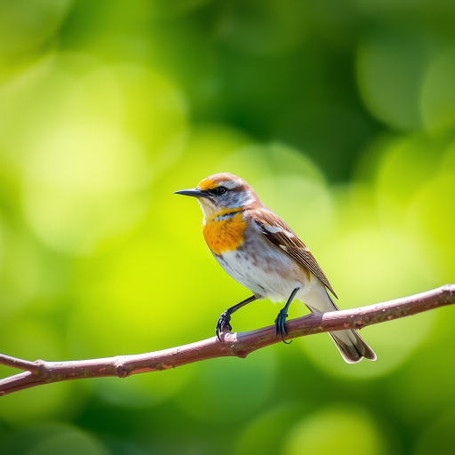 Capture a close-up of a bird perched on a branch, using a DSLR camera with a 50mm lens at f/2.8 for a shallow depth of field, ISO 200, and a shutter speed of 1/500s, in natural sunlight to highlight details and colors, with a blurred green background for contrast.