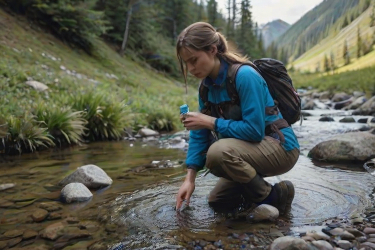Misty mountain valley, with a clear stream running through the middle, a woman in hiking gear kneels by the water, her hands cupped as she drinks from the fresh, cool stream.