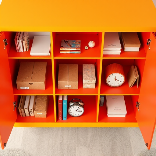 A brightly colored storage cabinet with six sections, featuring open shelves with stationery, closed cardboard boxes, books, a clock, and organizational items, captured with a DSLR camera at f/8, ISO 200, 50mm lens, top-down view with vibrant colors and sharp details.