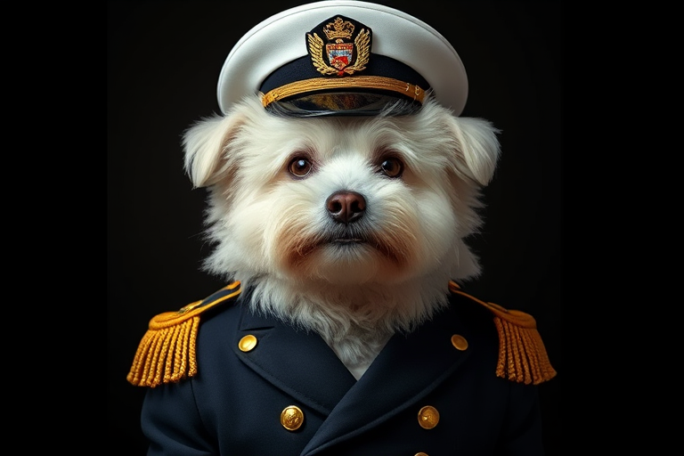 create a regal portrait of a fluffy white dog dressed in a naval captain's uniform, use a soft-focus lens, f/2.8 aperture, 50mm lens, and low-key lighting setup for dramatic effect
