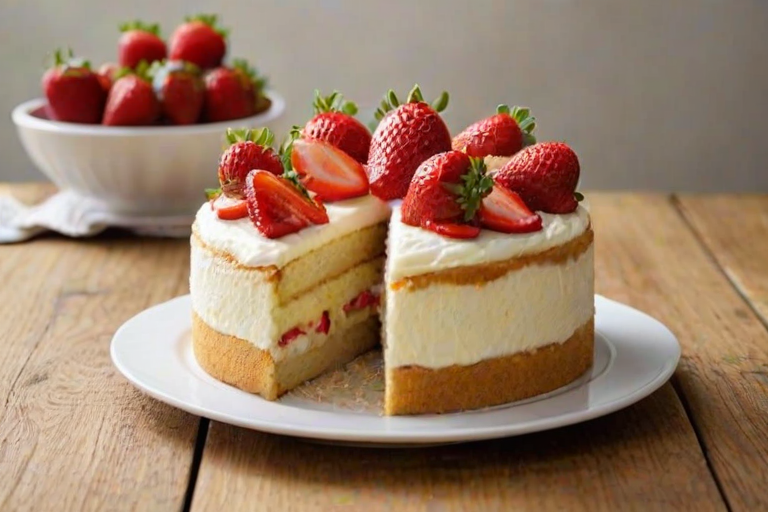 Create an image of a round cake with layers of vanilla sponge and fresh strawberries. The cake should have a smooth white frosting on the outside, with whole strawberries placed on top. A slice should be cut out to show the layers and strawberries inside. The background should be a simple wooden table.