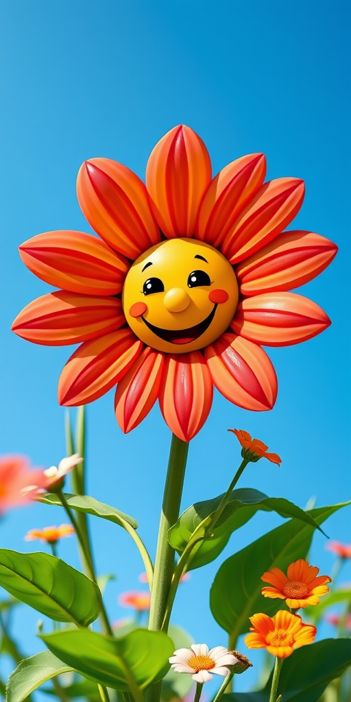 Generate a vibrant, cartoon-style illustration of a happy flower with a smiling sun face, surrounded by green leaves and additional small flowers, set against a bright blue sky, captured with a DSLR camera, f/4 aperture, ISO 100, 50mm focal length, and a vibrant color enhancement filter.