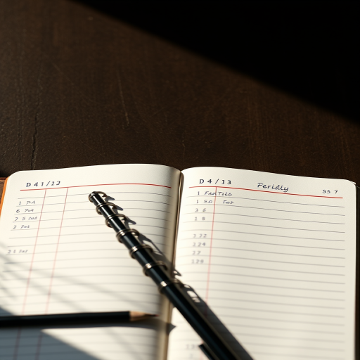 Create a high-resolution image of an open notebook with lined pages, showing a spiral binding, with dates and verification sections, shot with a Canon EOS R5 at f/4, ISO 100, 1/125s, top-down view, natural lighting.