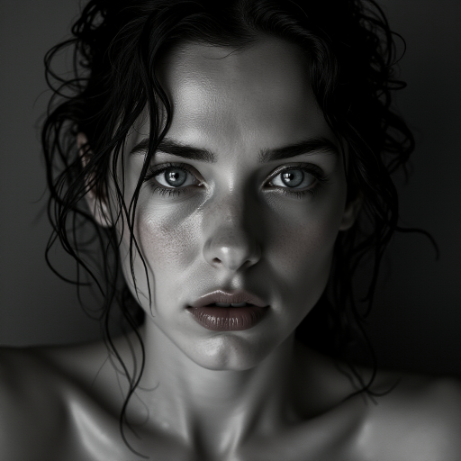 a striking portrait in the style of black-and-white photography, dramatic high-contrast lighting eloquently tracing the intricate details of hand-drawn pen strokes, a beautiful Nordic woman tousled hair and shining, focus on blue eyes and red lips, radiating with intensity portrait that highlights her dark , wet, . The monochromatic statement features her pale skin colored by tiny beads of sweat and water droplets, showcasing a hyper-detailed composition that focuses entirely on her unforgettable face. The stylized composition basks in atmosphere and mystery, created by the powerful, piercing gaze of the water-driven Nordic woman as she commands an intense and mesmerizing aura within the limited frame. Composed to evoke a sense of nostalgic wonder, this portrait perfectly captures the essence of a bygone era.