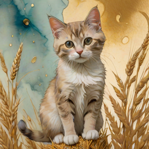 Soft, muted Alcohol Ink with ebru effect background image of tiny whimsical cat, who climbed high on the top of a golden rye ear.