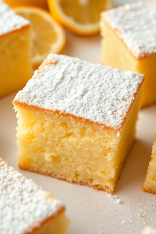 A close-up image of a slice of lemon cake topped with powdered sugar surrounded by other similar slices on a light surface with lemon slices in the background. The cake has a soft and moist texture, showcasing a light yellow color.