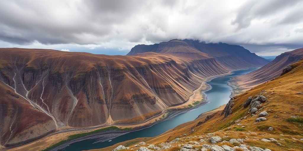 landscape photo of a mountainous area with a river and cloudy sky, taken from a high viewpoint, using a Canon EOS 5D Mark IV camera, 24mm lens, f/11 aperture, ISO 100, shot in RAW format for high-quality detail and color depth